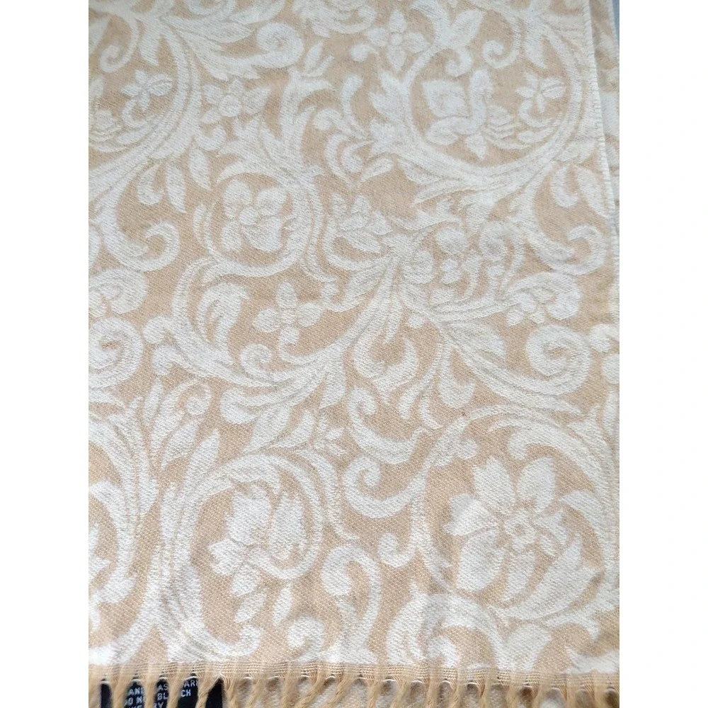 German Winter Scarf Cozy Beige Fringe Flue Scroll Floral 10X68" Soft Acrylic - Picture 3 of 4